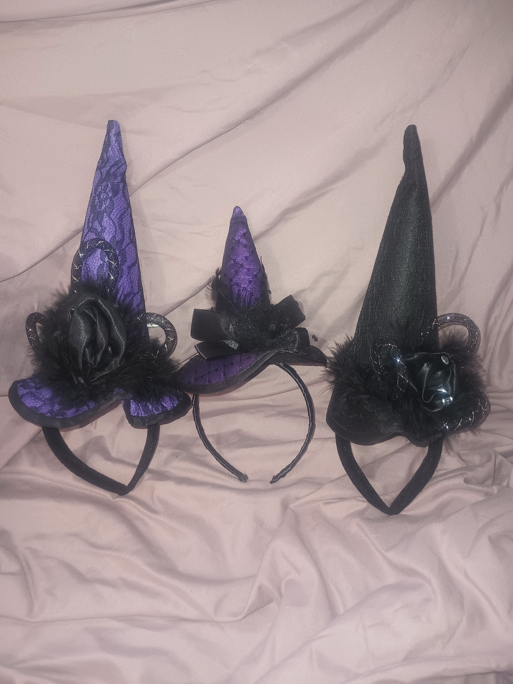 Pack Of 3 Witch Mini Hat Headbands - Purple & Black